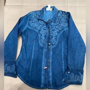 [L]Inca Cottons Embroidered Blue Tie Dyed Western Denim Shirt